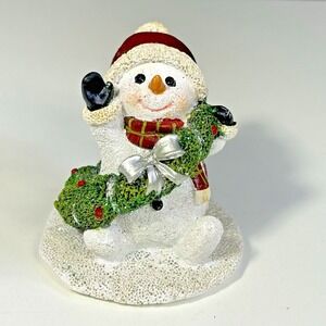 top collection Snowman With Christmas Wreath Figurine Sparkly 2.5" High